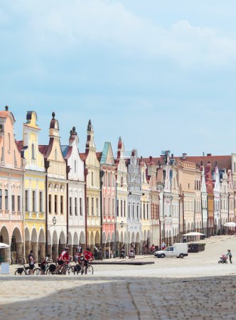 Telc, Czech Republic - May 10, 2013: Unesco city. A row of the houses on main square.