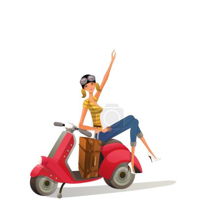 Girl with a suitcase on a moped