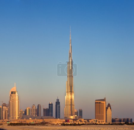 A skyline of Downtown Dubai with the Burj Khalifa at Dawn