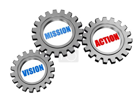 vision, mission, action in silver grey gears