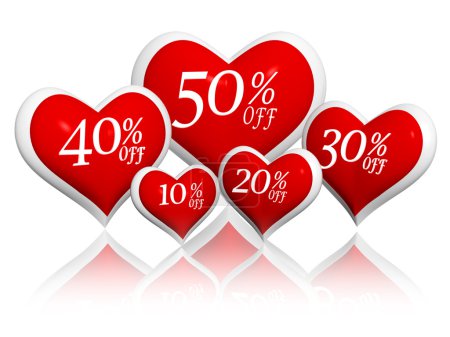 Different percentages off discount in red hearts banners