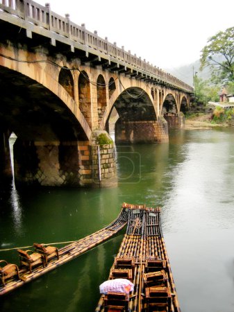 Bamboo Boats Beside Bridge in Wushan China