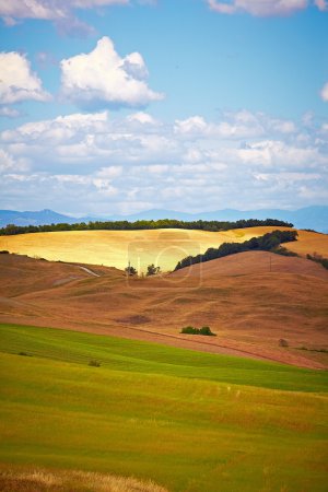 Tuscany landscape with typical farm house on a hill in Val d'Orc