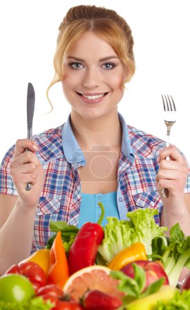 Woman with vegetables and fruits