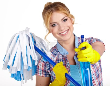 Housewife Ready To Fight With Spray Bottle and Mop 