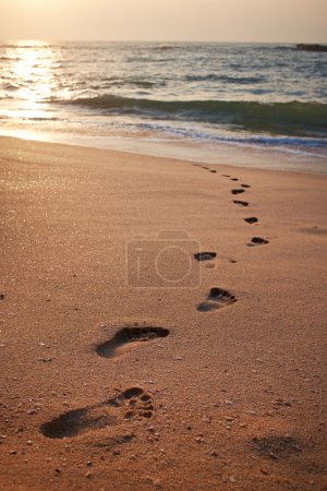 beach, wave and footsteps at sunset time 