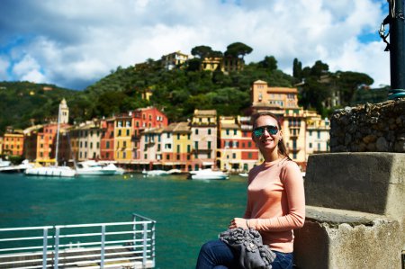 Woman at Portofino village on Ligurian coast, Italy