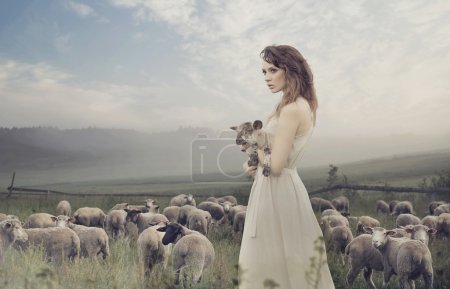 Sensual lady among sheeps