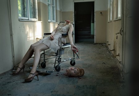 Art photo of the patient with cut head in the abandoned hospital