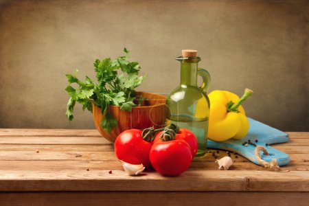 Fresh healthy vegetables on wooden table