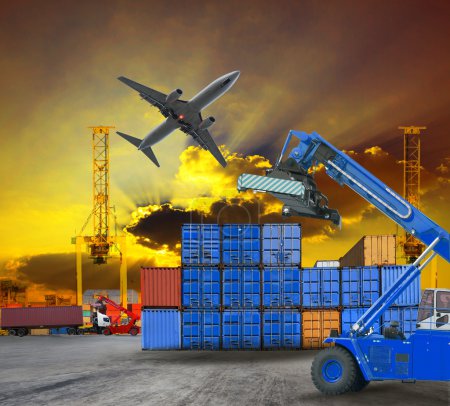 Container and port ship yard scene logistic service by  truck ,land transport and air plane cargo use for transportation industry business and port freight trading service industrial