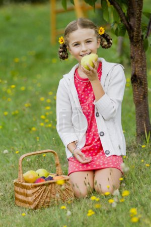 Gardening, orchard - lovely girl is eating ripe pear