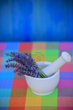 Lavender herbs in a mortar, healthy cosmetics concept