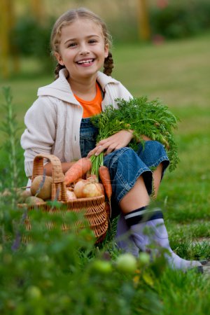 Vegetable garden, child - lovely girl with the basket of ecological harvests
