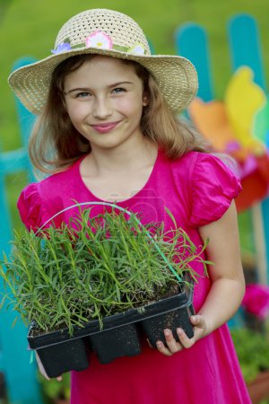 Gardening, planting - lovely girl with lavender seedlings