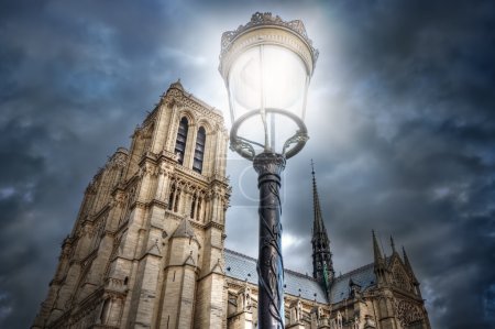 Street light on the background of the Cathedral of Notre Dame. P