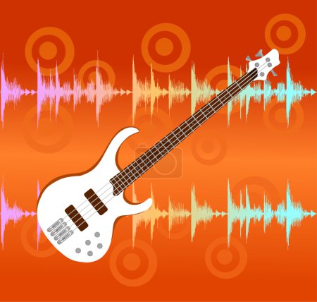 White electro guitar on abstract colorful equalizer bar background.