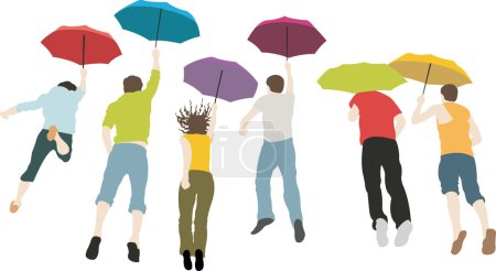 Jumping group with umbrellas vector