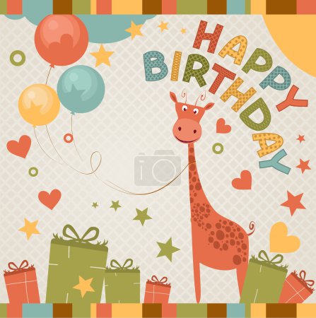 cute happy birthday card with giraffe.