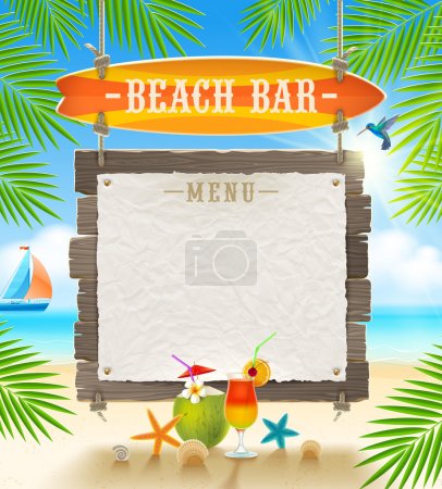 Tropical beach bar  - signboard surfboard and paper banner for menu - summer holidays vector design