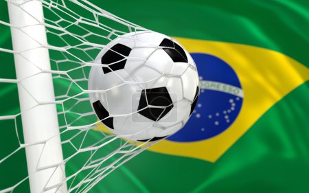Brazil waving flag and soccer ball in goal net
