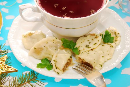 Ravioli (pierogi) and red borscht for christmas