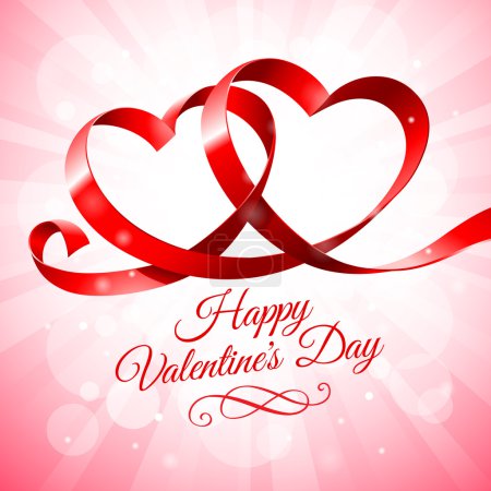 Red ribbon with two hearts intertwined on pink background