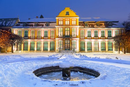 Winter scenery of Abbots Palace in snowy park of Gdansk