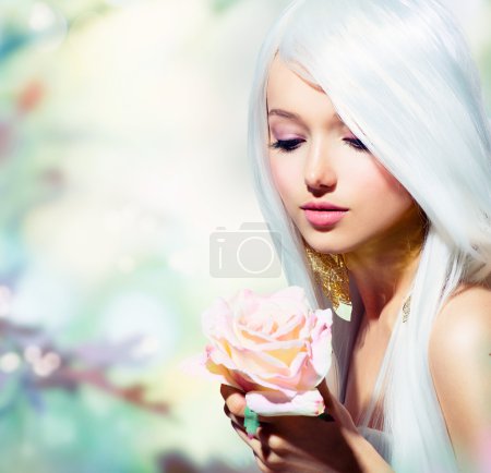 Beautiful Spring Girl With Rose Flower. Fantasy