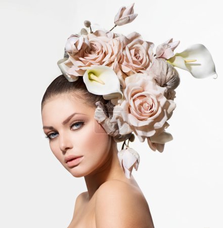 Fashion Beauty Girl with Flowers Hair. Bride. Creative Hairstyle