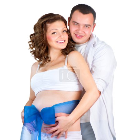 Happy Couple Expecting Baby Boy Isolated on White