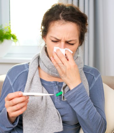 Sick Woman with Thermometer. Flu. Woman Caught Cold