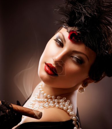 Retro Woman Portrait. Vintage Styled Girl With Cigar
