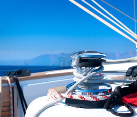 Yacht. Yachting. Sailboat Winch and Rope Yacht detail