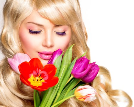 Beauty Woman with Spring Flower bouquet