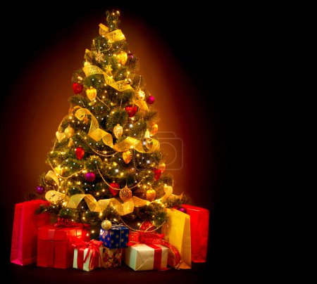 Christmas Tree with Gifts isolated on black background