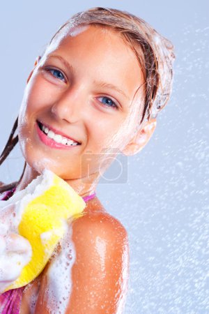 Happy Young Girl Taking Shower. Bathing