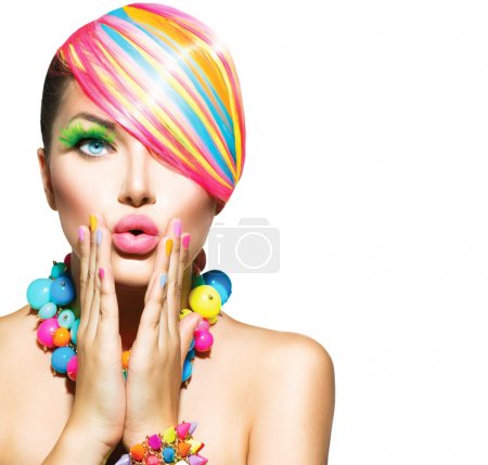 Beauty Woman with Colorful Makeup, Hair, Nails and Accessories