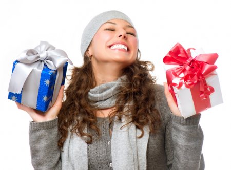 Happy Young Woman With Christmas Gifts. Gift Box