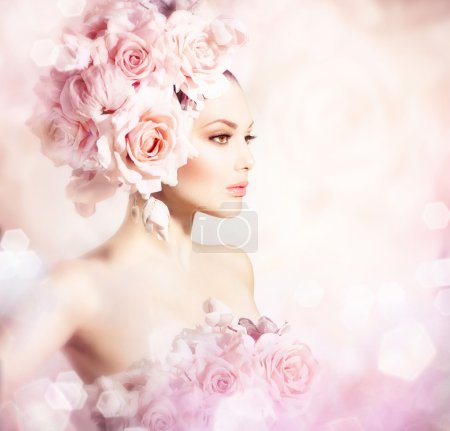 Fashion Beauty Model Girl with Flowers Hair. Bride