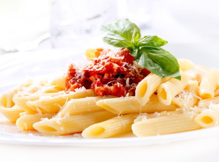 Pasta Penne with Bolognese Sauce, Basil and Parmesan