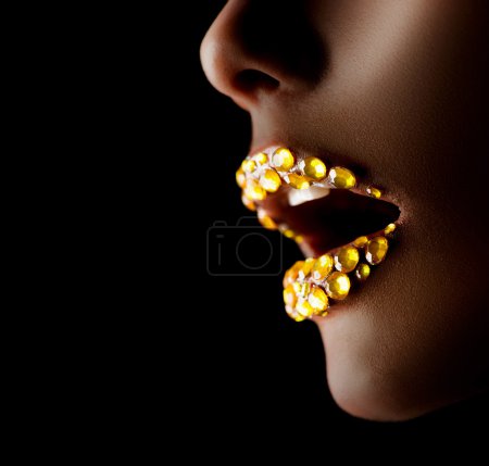 Sexy Lips with Gems. Professional Golden Makeup