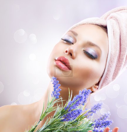 Spa Girl with Lavender Flowers. Organic Cosmetics