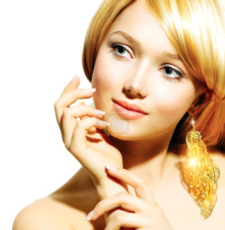 Beauty Blonde Fashion Model Girl With Golden Earrings
