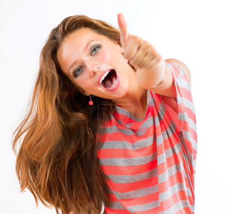 Happy Teen Girl showing Thumbs up isolated one white