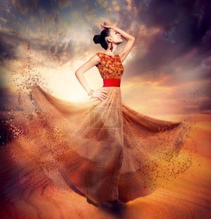 Dancing Fashion Woman wearing Blowing Long Chiffon Dress
