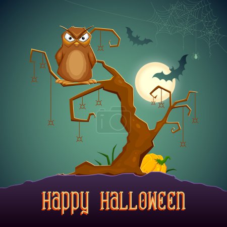 Owl sitting on tree in scary Halloween Night