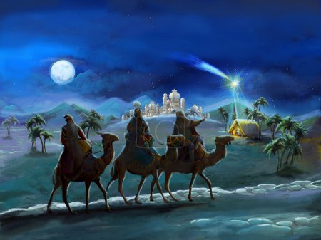 illustration of the holy family and three kings - illustration for the children