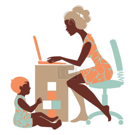 Beautiful silhouette of mother - freelancer with notebook and