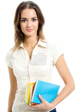 Young smiling woman with textbooks, isolated